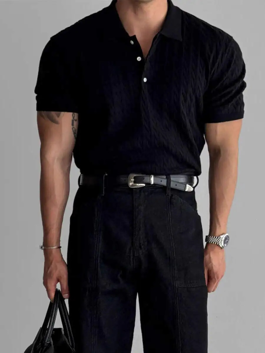 American Sle Hard Man Knitted irt Muscle Men Slim Fit Elastic ort Sve Turn-down Collar Sweatirt Tight Sve ... 250818