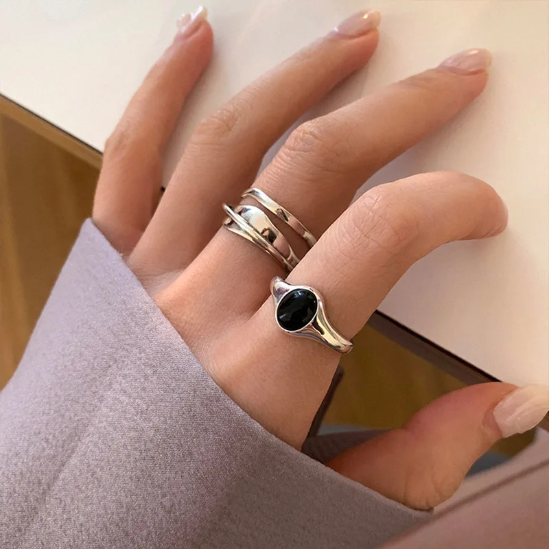 925 Silver Open Finger Ring Black Stone Multilayer Punk Geometric Stackable For Women Girl Jewelry Gift Dropship Wholesale 250815