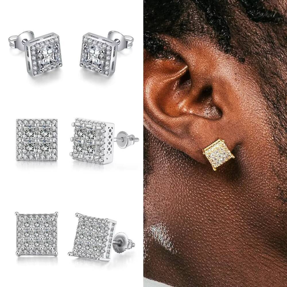 18K Gold Plated Halo Iced Out Moissanite Stud Earrings Square Gold Boy Earrings Mens Earrings for Women Girls