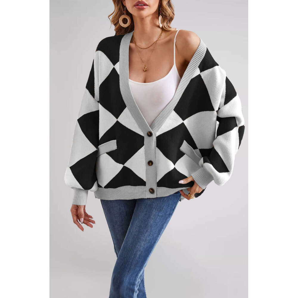 New Winter Women's Clothing V-Neck Diamond Stitching Contrast Color Loose Knitted Jacket Open B5