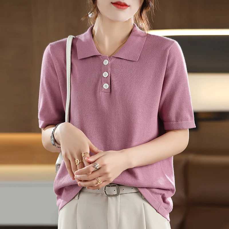 100% Cotton Summer Womens T-shirt Sweater Short Sleeve Casual Knitted Collar Womens Top Loose Pullover Button T-shirt XJ250819