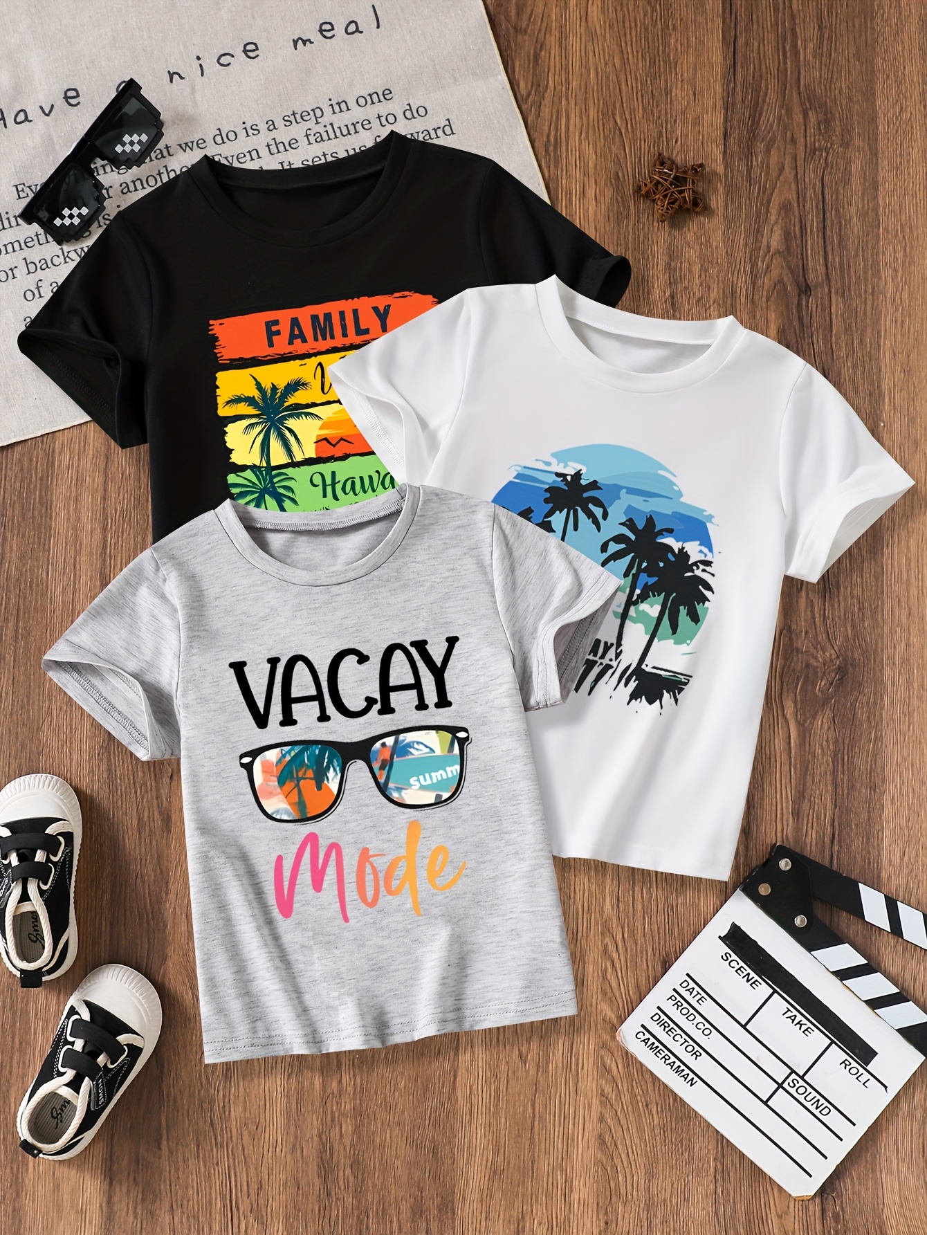 T-shirts Hawaiian Print Short-Sleeve Boys' Vacation Tee Set - Breathable Quick-Drying Material