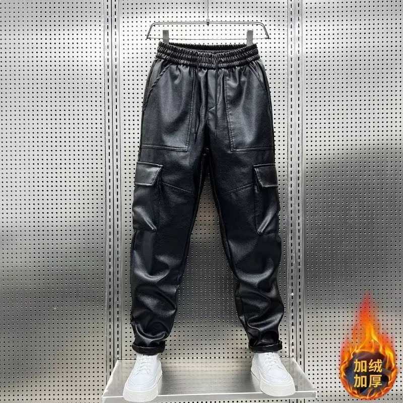 Mens Leather Motorcycle Cargo Pants Multi-Pockets Black PU Pants Men Elastic Waist Mopping Trousers Luxury Elastic Waist Pants W250819