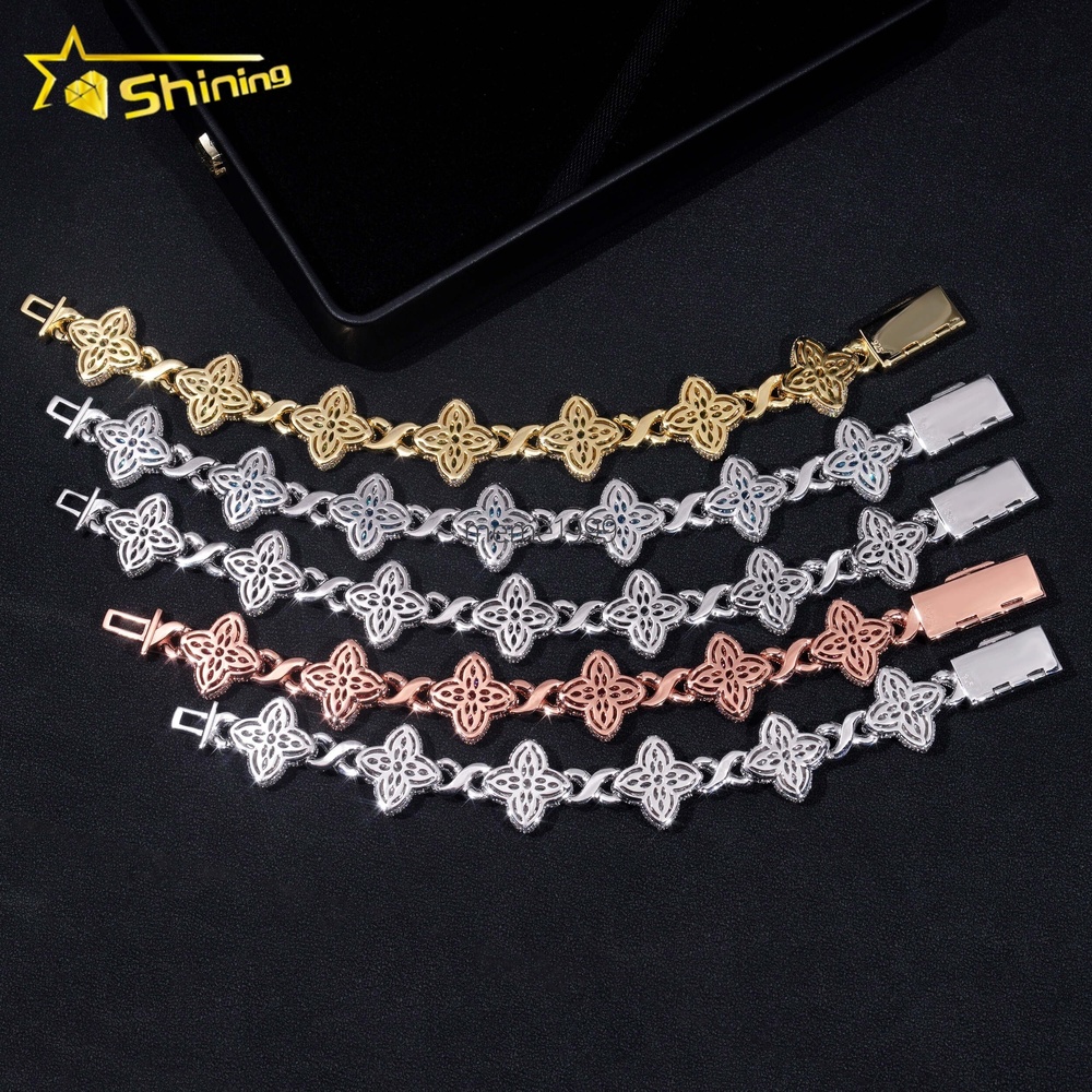 New Stocks Pass Diamond Tester Silver 925 Gold Plated Hip Hop Jewelry Custom Colored Moissanite Clover Cuban Bracelet