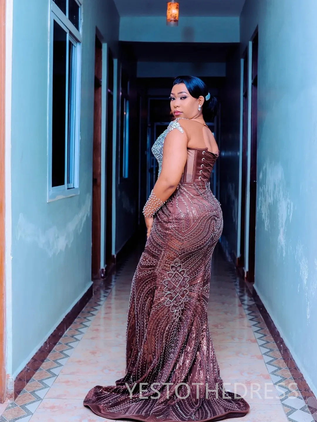 Plus Size Aso Ebi Mermaid Prom Dress 2025 Evening Dresses Robe De Sorrie Sheer Neck Long Sleeves Beaded Lace Crystals Birthday Dress Second Reception 