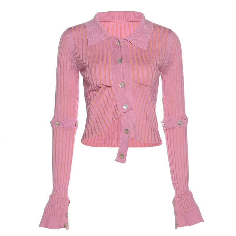 Autumn Winter Fashion Irregular Pink Sweaters For Women Streetwear Removable Long Sleeve Single Breasted Cardigans Tops 250819