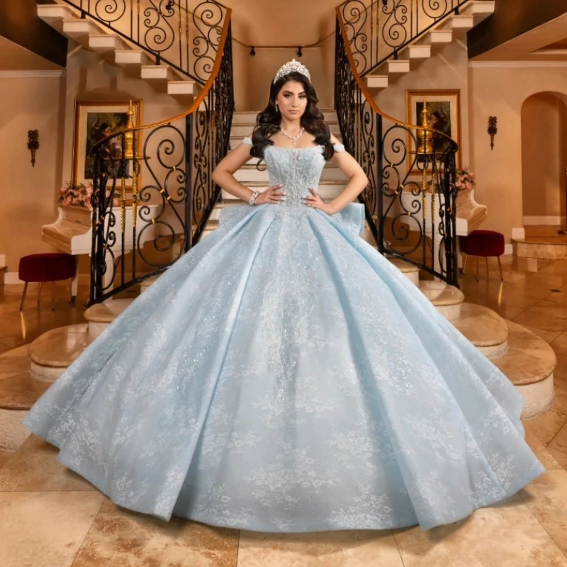 Sky Blue Off The Shoulder Quinceanera Dresses Applique Lace Tull Beads Princess Ball Gown Party Birthday vestidos 15 anos Sweet 16 Dress