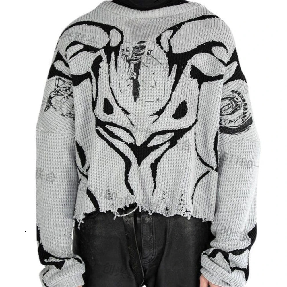 Y2k Destroyed And Torn European American Sweaters Harajuku Hole For Men Ecotree Printed Black Gray Pullover Sweater 250819