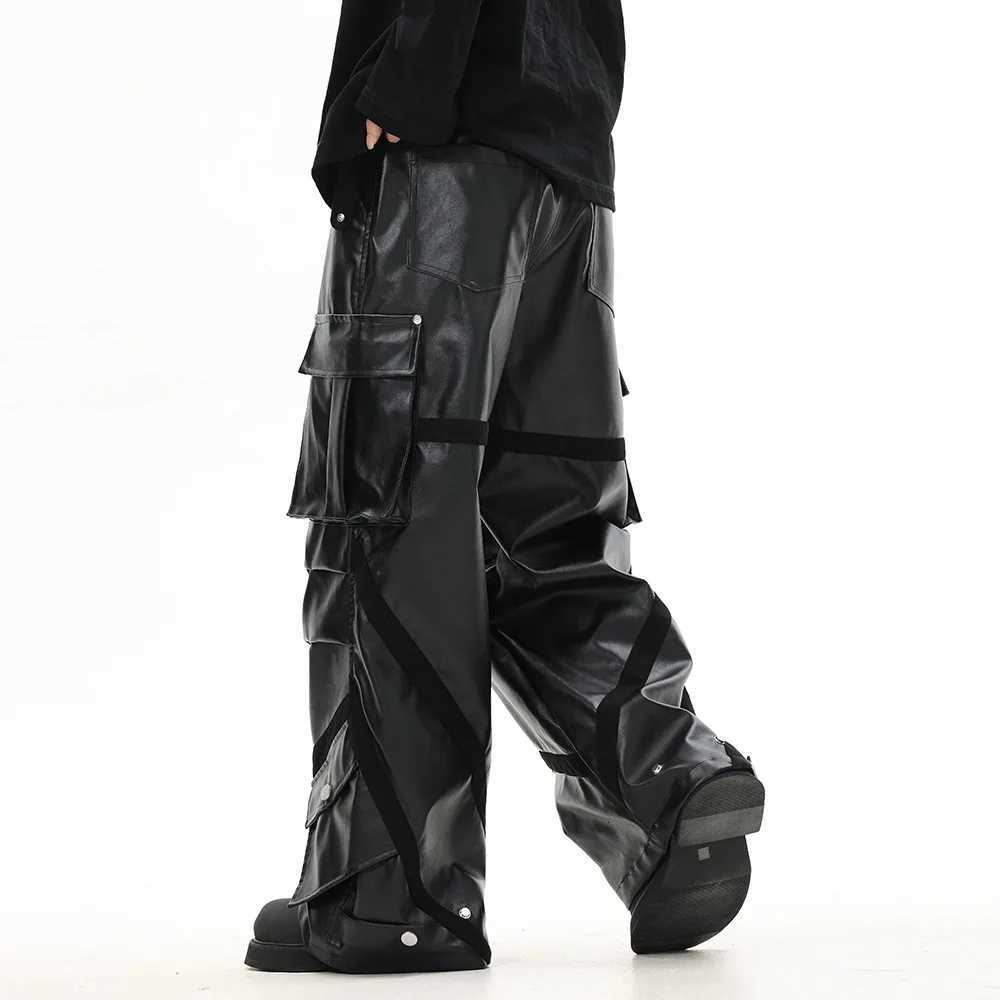 Rock Leather Pants Thickened High Street Pleated Multi-Pocket Loose Straight Pants for Men W250819
