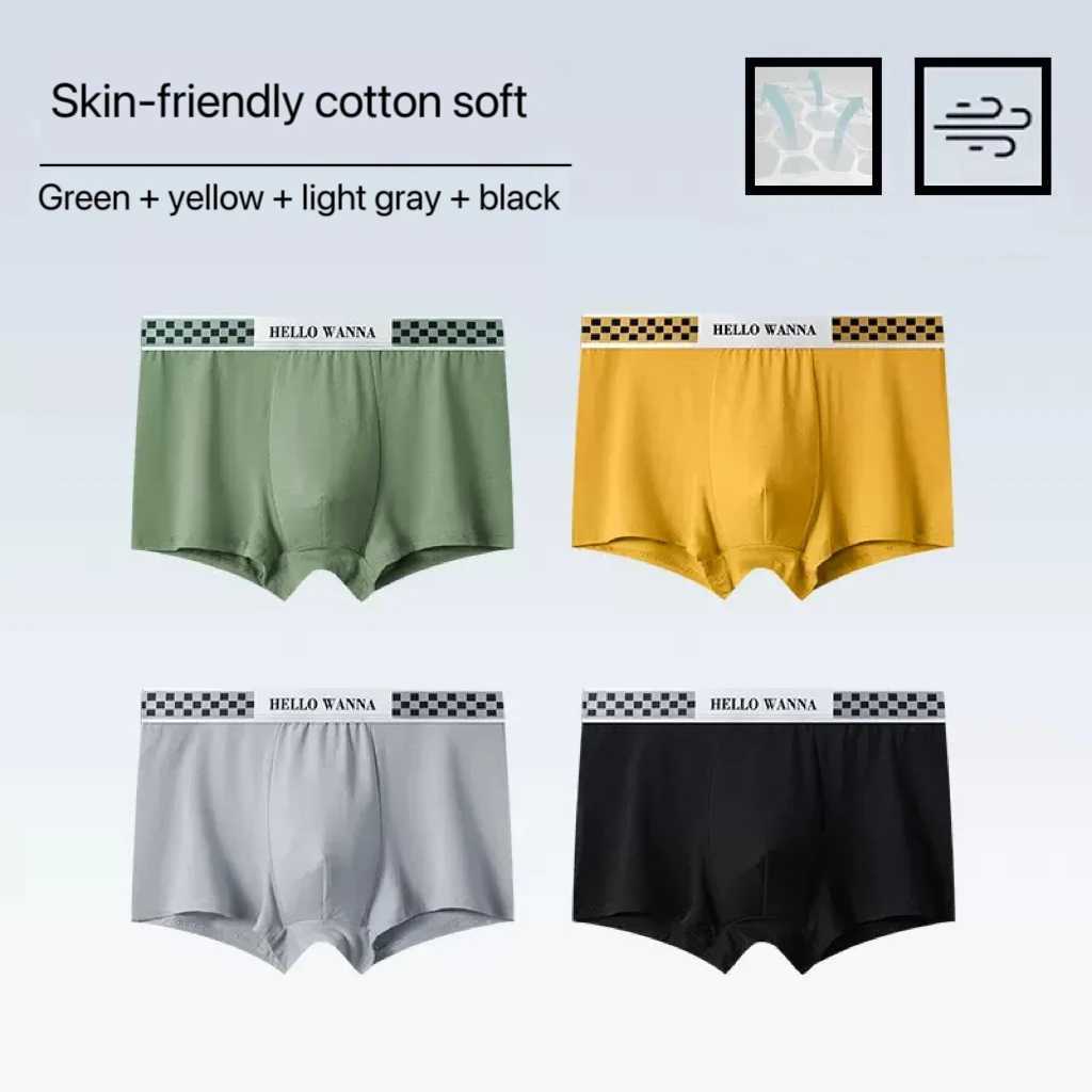 4PCS Men Solid Color Antibacterial Underwear Mid-Waist Loose Comfortable Breathable Letter Plus Size Boxers Large Size Underwear L-4XL W250819