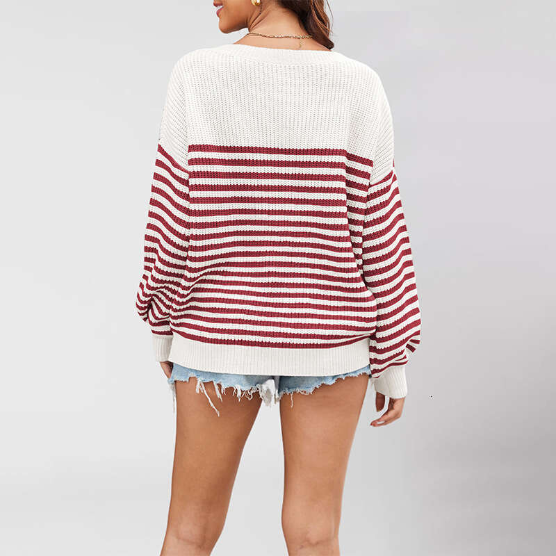 Autumn Winter New Women's Tiktok Casual Striped Color Block Knitted Round Neck Plus Size Sweater Top B5