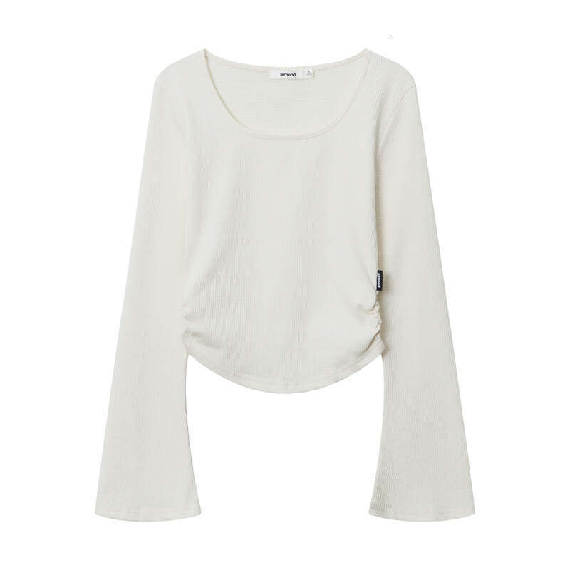 Pure Desire Style Ruched Waist Round Neck Long Sleeve T-Shirt Spring New Slim Fit Solid Color Short Hot Girl B5