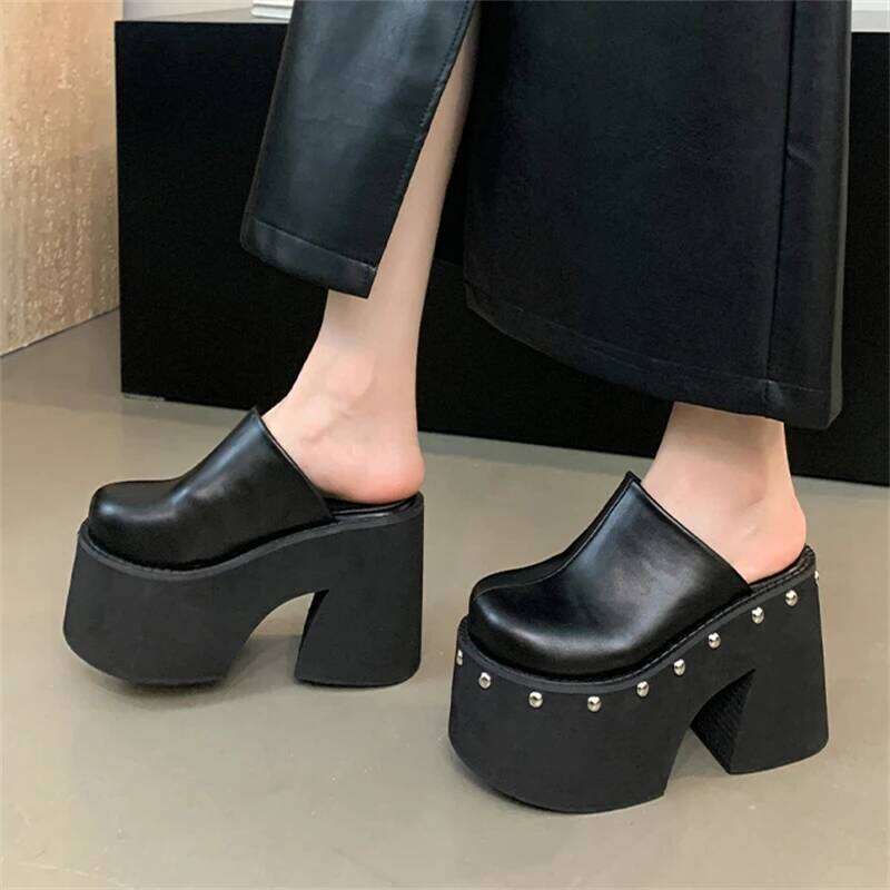 Eilyken Fashion Design Rivets Solid Platform Slippers Women Thick Bottom High Heels Shoes Summer Party Dress Zapatos Mujer