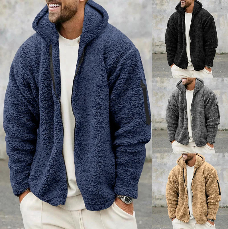 2024 Mens Autumn and Winter Double-Sided Fleece Warm Jacket Loose Hooded Casual Jacket 250814