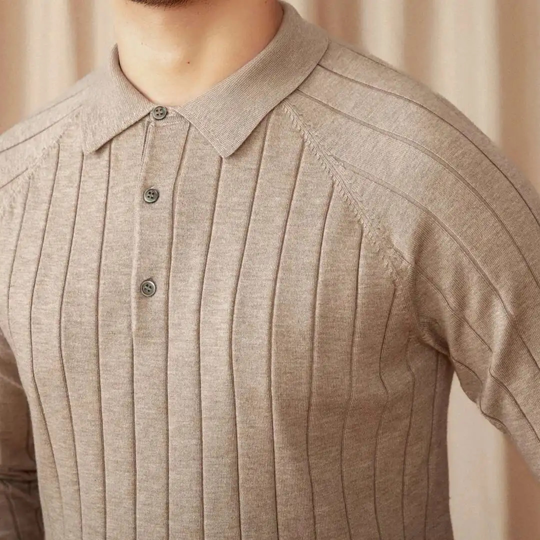 High Quality Italy Woolblend Full Sleeve Knitted Polo British Solid Color Polo Shirt Camisa Hombre Silky Polo Shirt Men 250818