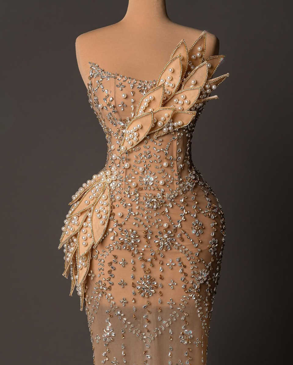 Stunning Crystal Pearls Mermaid Evening Dressses Sleeveless Beadeds Prom Gowns Dresses Couture Celebrity Customized Vestido De Gala