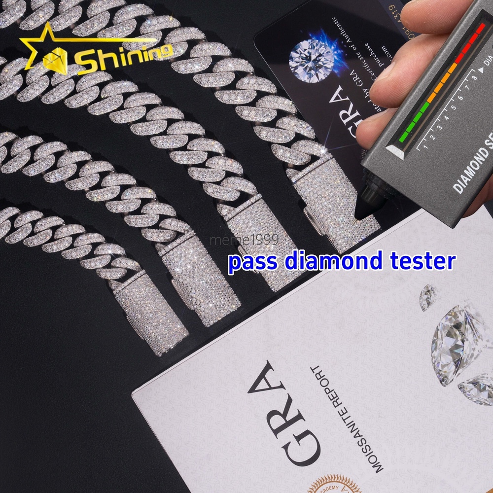 Promotion Price Pass Diamond Tester Hip Hop Necklace 13mm 15mm 16mm 18mm Three Rows 925 Silver VVS Moissanite Cuban Link Chain