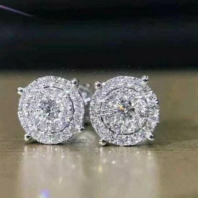 Moissanite Luxury Hot Crystal Full Clear Big Round Stud Earrings Lady Silver Classic Women Girls Daily Stud Earrings