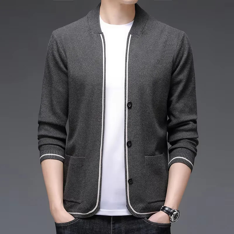High quality long sleeve mens knitted cardigan autumn winter fashion Korean style pocket slim fit shawl casual sweater coat 250819