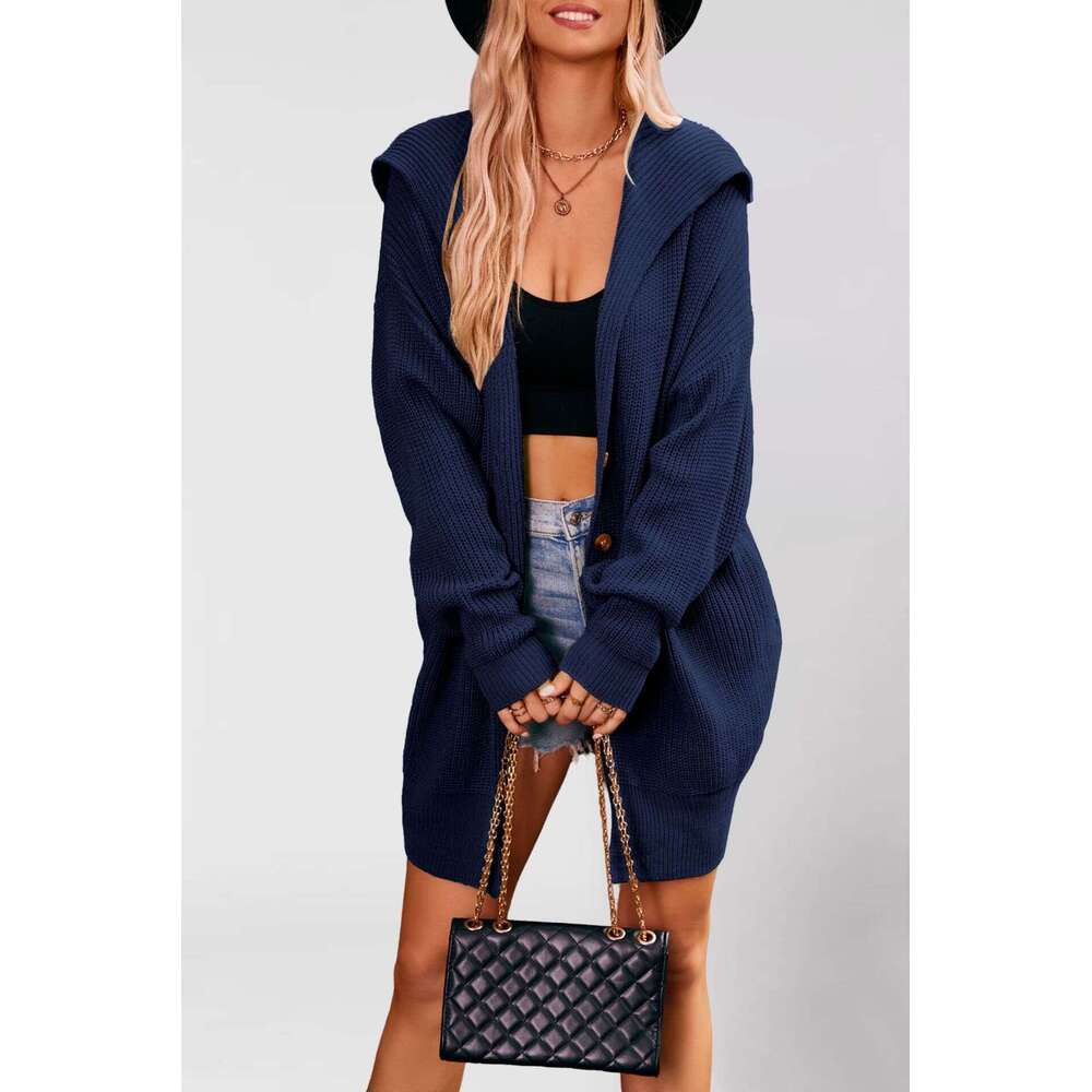 New Autumn Winter Women's Solid Color Turn-Down Collar Pocket Cardigan Three-Button Mid-Length Sweater Coat B5