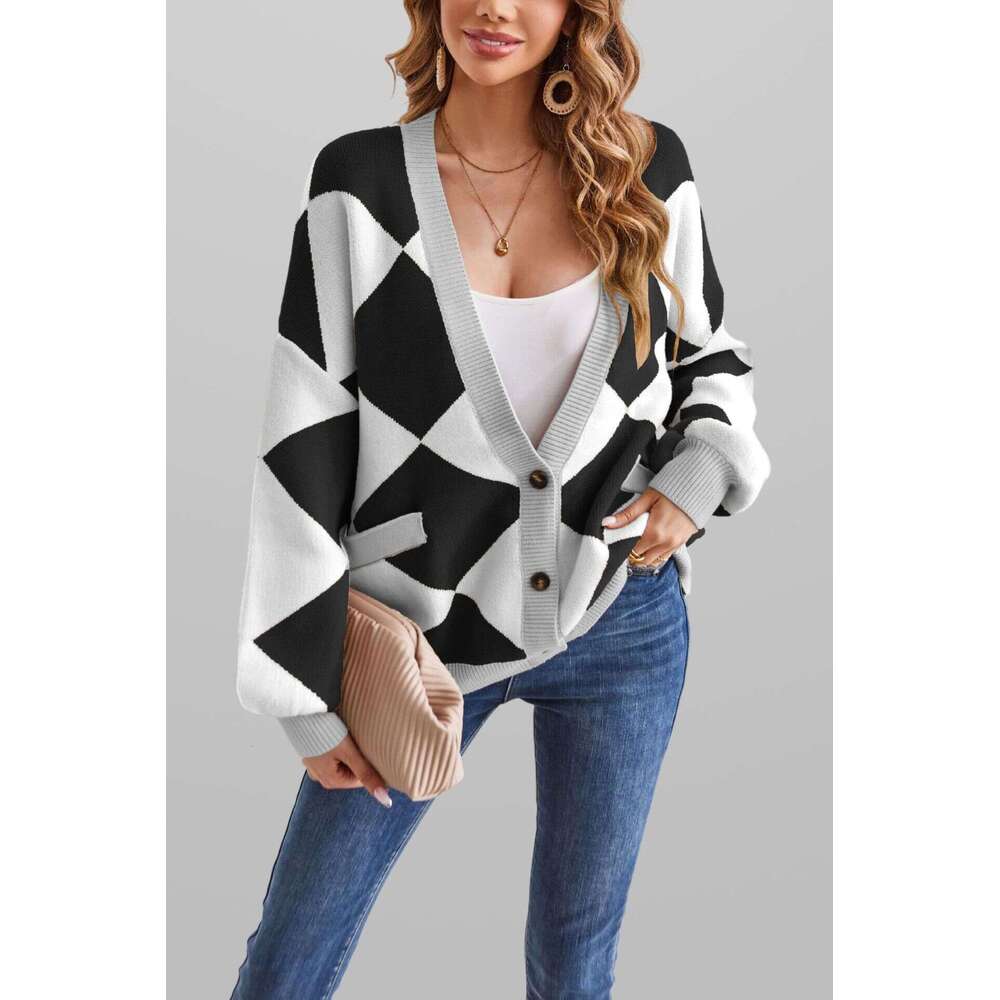 Autumn Winter Coat Sweater New V-Neck Diamond Stitching Color-Blocking Loose Knitted Cardigan For Women B5