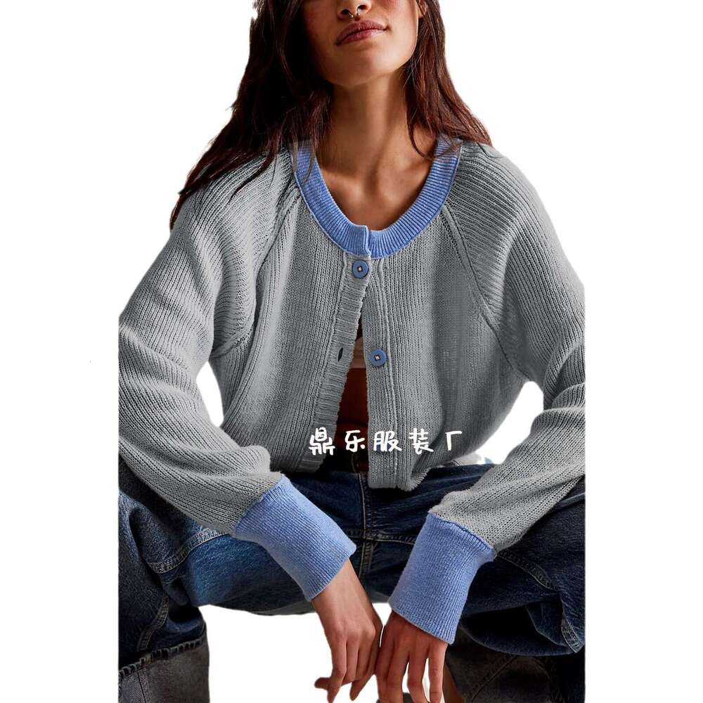 Autumn Winter New Temu Women's Color-Block Round Neck Cardigan Knitwear Single-Breasted Jacket B5
