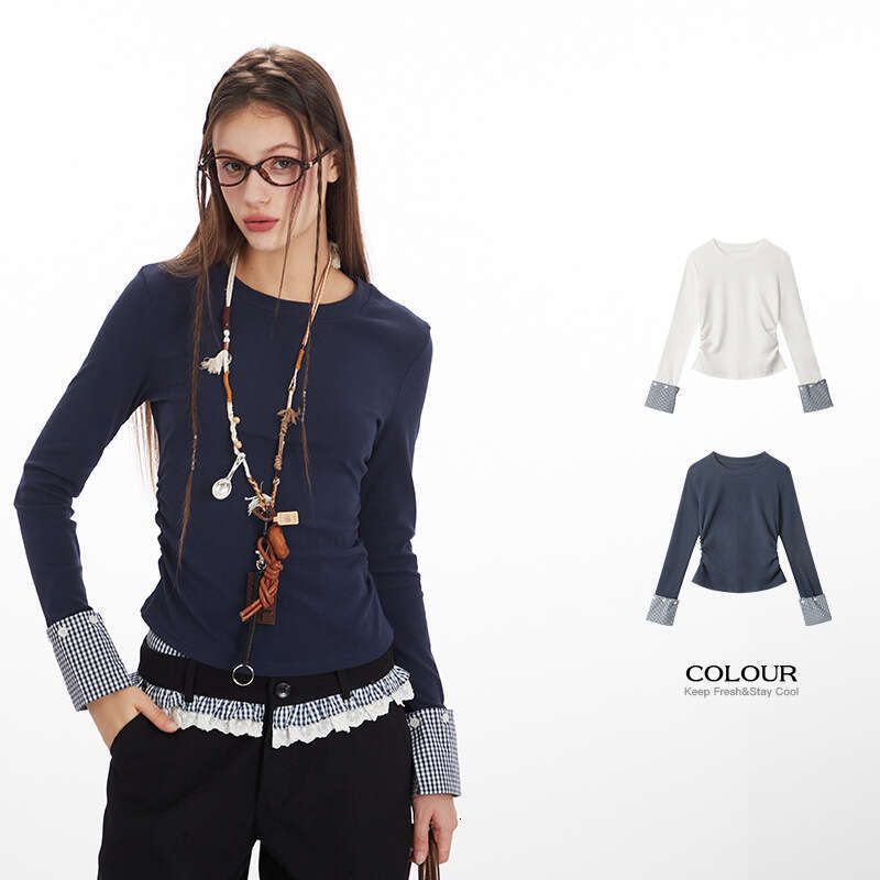 Waist-Cinching Ruched Patchwork Design Top For Women, Niche Early Spring And Autumn Color-Block Slimming T-Shirt B5