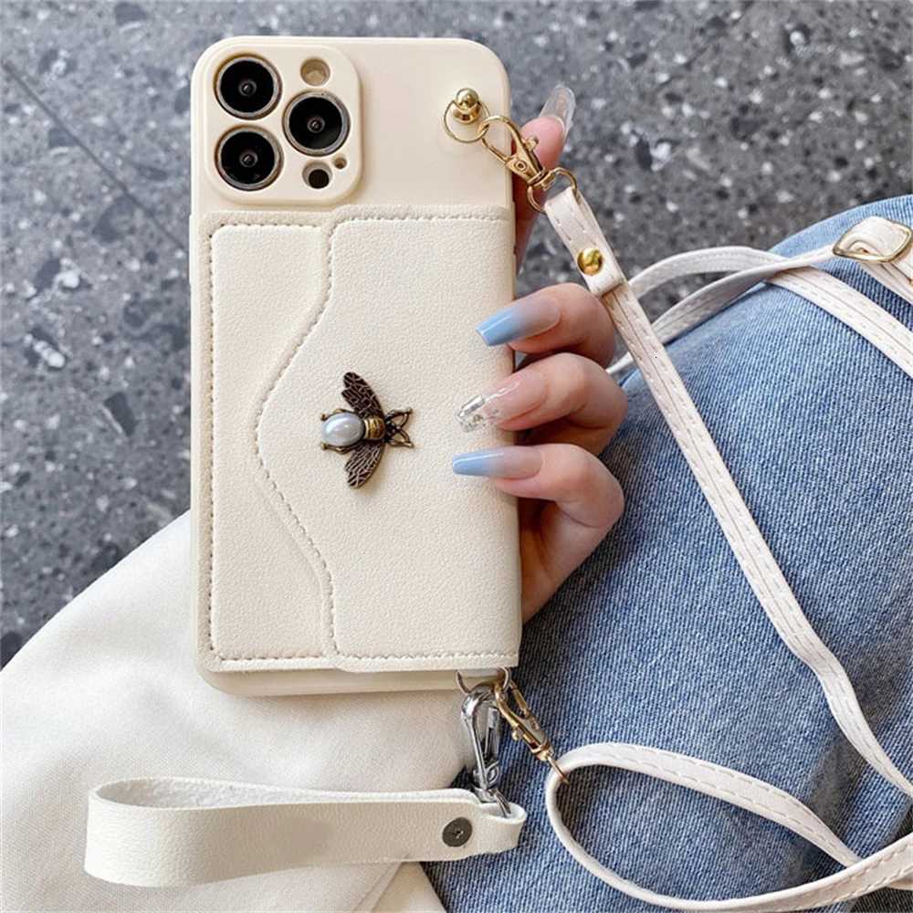 Luxury 3D Pearl Bee Leather Card Bag Crossbody Lanyard Soft Case For iPhone 16 15 14 Pro Max 13 12 11 XS X XR Plus Mini SE Cover Z250819