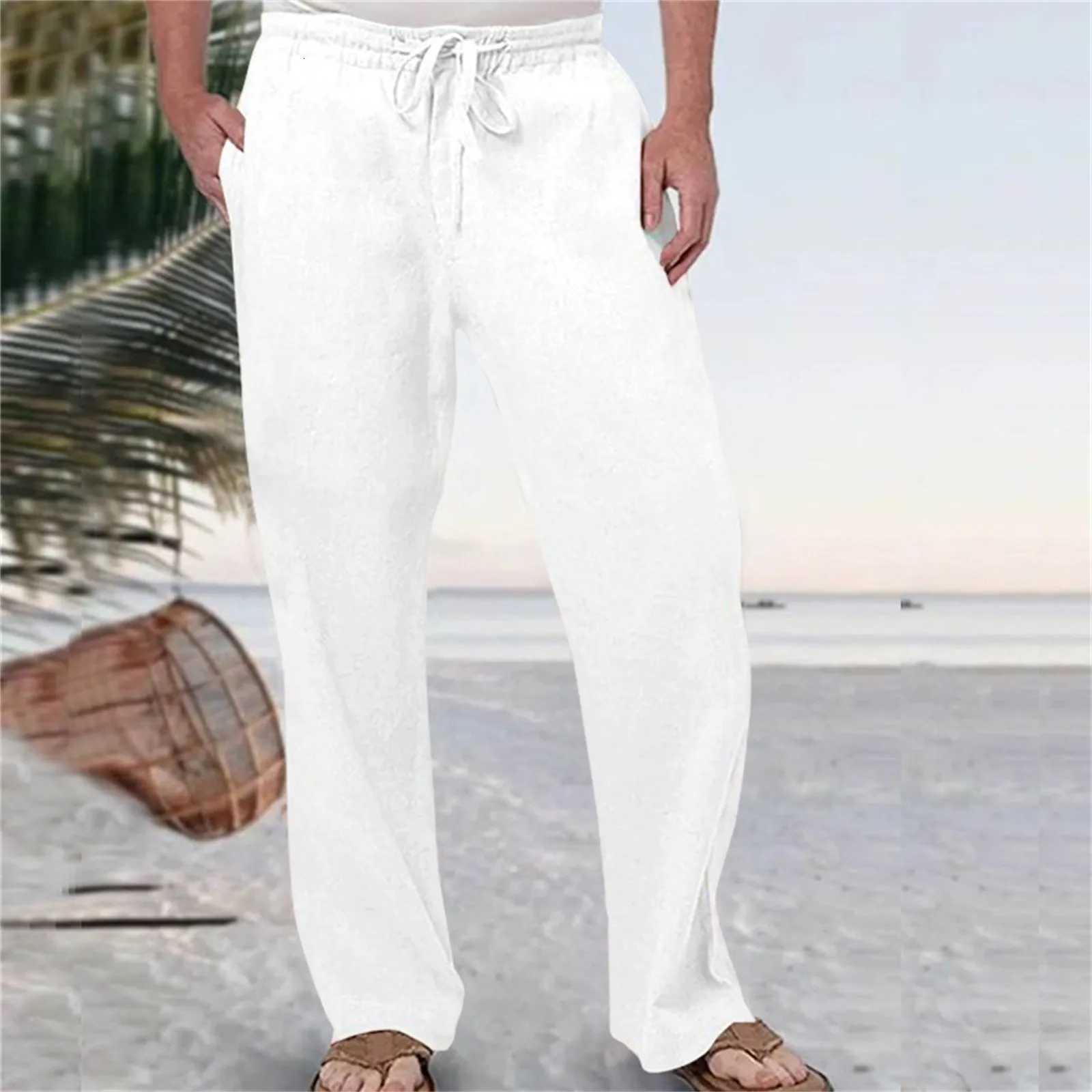 Mens Fashion Casual Pants Solid Color Breathable Cotton Linen Elastic Waist Straight Pants With Pockets Large Size White Pants W250819