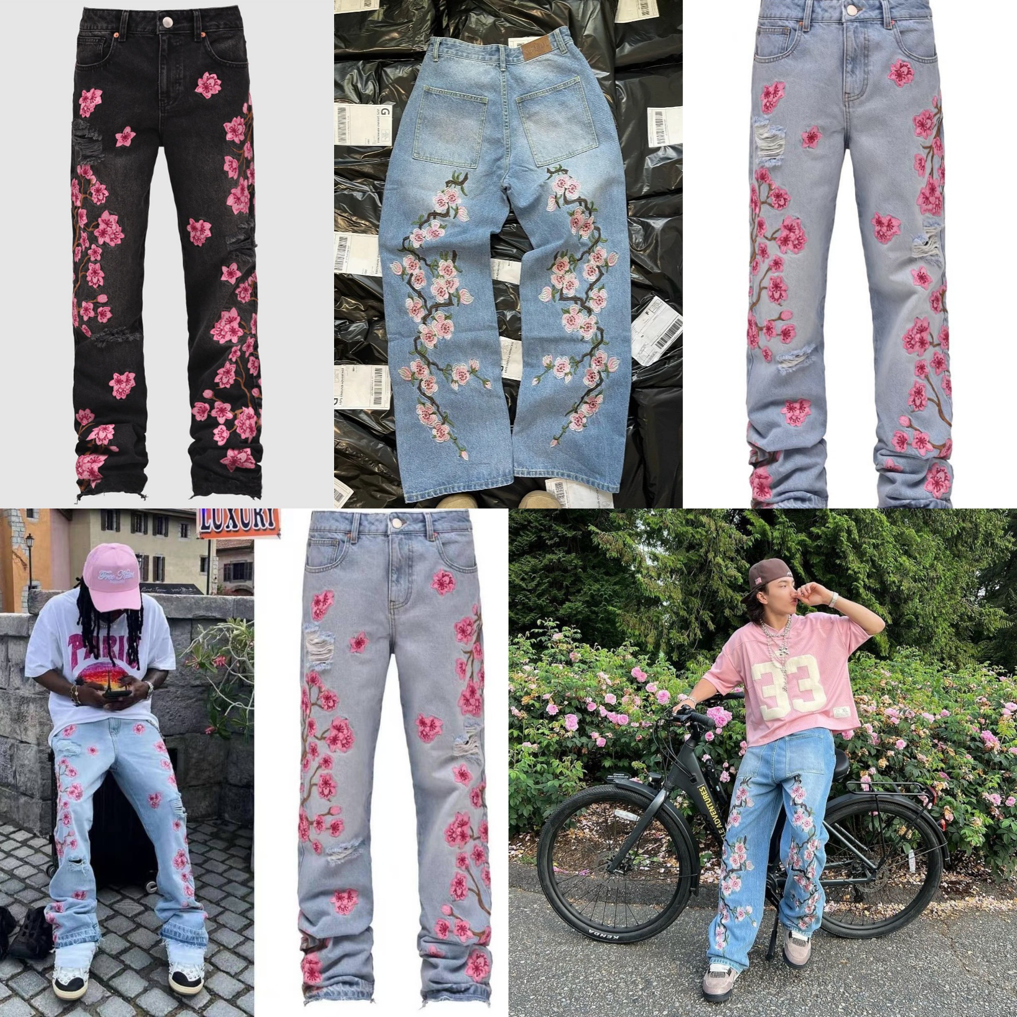 Men's Jeans Men Fashion Denim Pants Floral Embroidery Ripped With Pockets Casual Trousers Vintage Streetwear