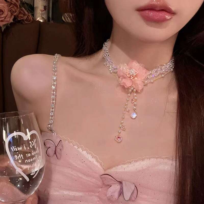 Fabric Mesh Flower Ribbon Internet Celebrity Style Girly Heart Choker Fashion Sweet High-end Sense Necklace