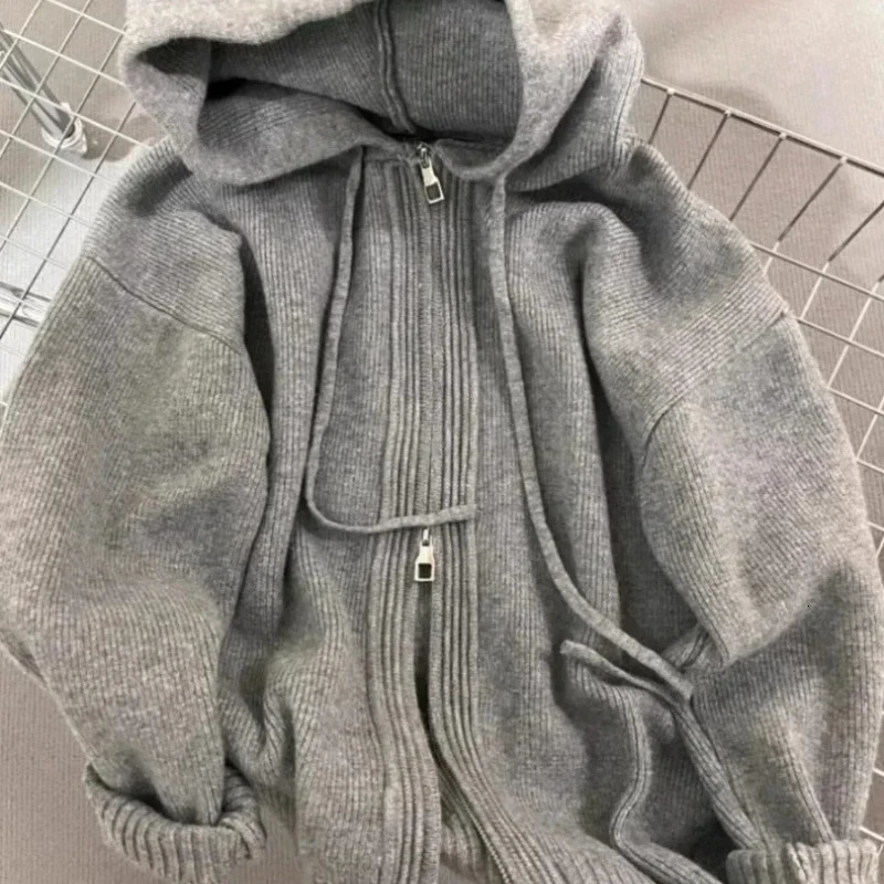 Gray Hooded Sweater Coat Autumn Winter Double Zipper Long Sleeve Loose Fashion Korean Soft Thickened Knitted Tops Coats 250819