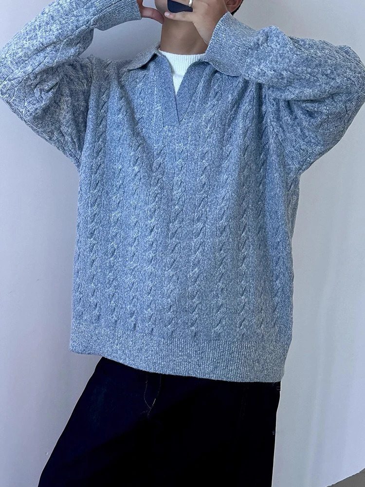 Vintage Twist Textured Knit Polo Shirts Mens Autumn Casual Long Sleeve Lapel Sweaters Mens Fashion Solid Color Knitted Jumpers 250818