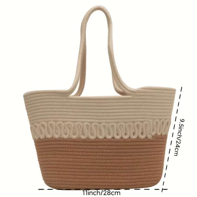 Knitting Kits Fabric Khaki Beach Large Capacity Handmade Straw Summer Holiday Leisure Bag Women Shopping Bags
