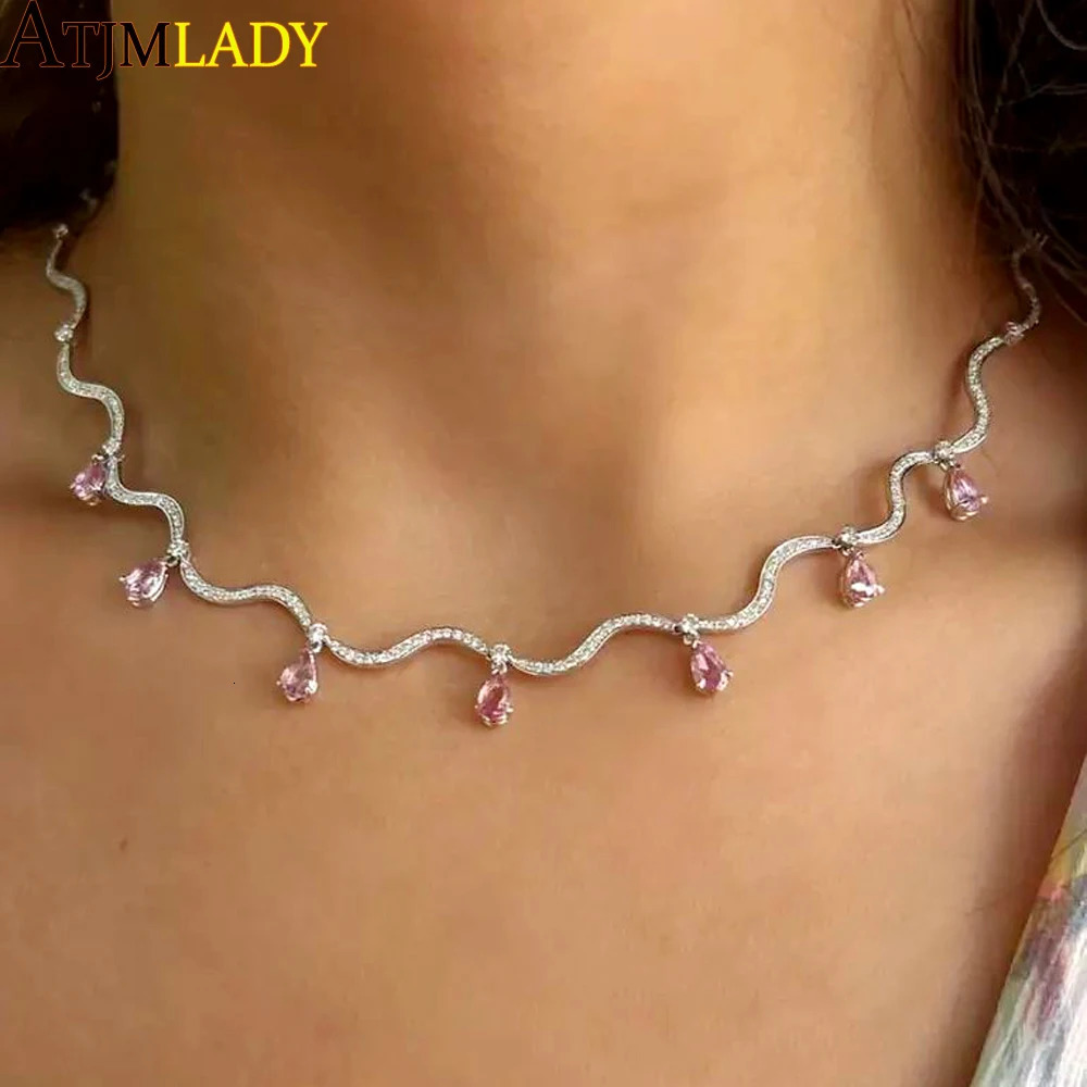 Fashion White Pink Tear Drop Cubic Zirconia Micro Pave CZ Paved Bling Wave Bar Heart Charm Choker Necklace Women Jewelry 250815
