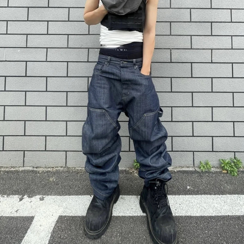 MIJKO High Street Original Color Wide Leg Blue Baggy Jeans for Men Straight Loose Pockets Casual Denim Pants Oversized Cargo Trousers