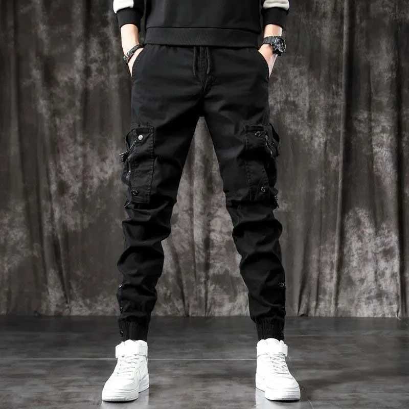 Trendy Mens Spring Autumn Cargo Pants Slim Fit Casual Style Loose Fit American Style Multiple Pocket Small Foot Pants Black W250819