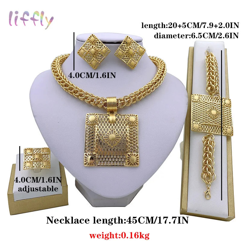 Gold Color African Jewelry Sets for Women Necklace Nigerian Bridal Wedding Jewellery Bracelet Earrings Ring 250815