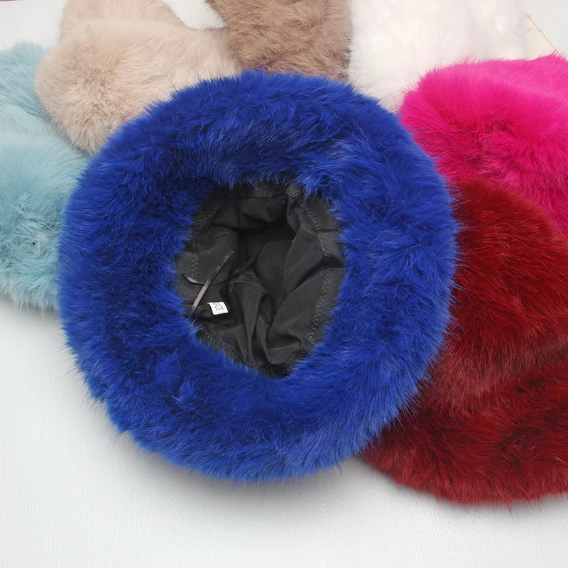 Red plush Bucket hat womens elegant autumn and winter fur bamboo hat Korean version advanced thermal cap large size 250819