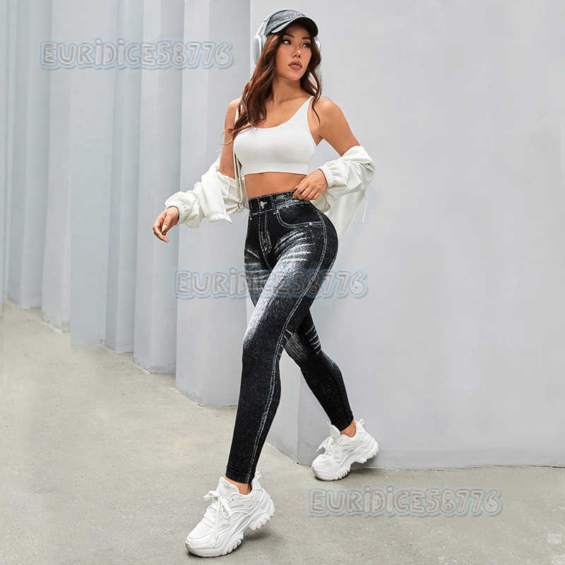 Faux Denim Seamless Yoga Pants for Women Back v Waist Hip Lift Quick Dry Tight Running Sports Fitness Long Pants H250819