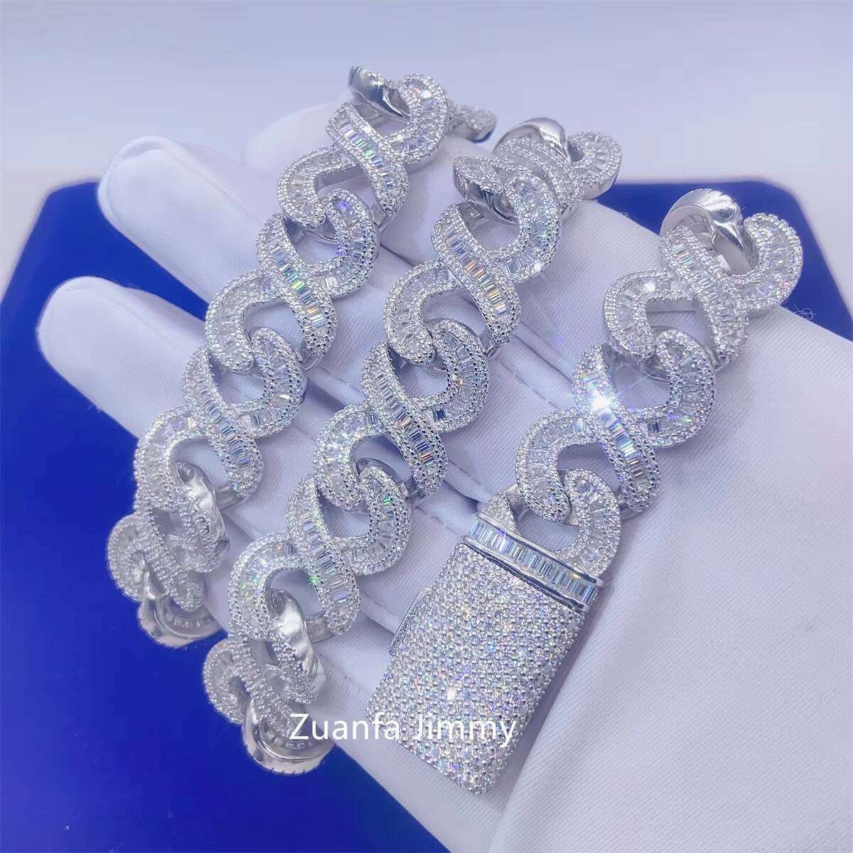 Customized 15mm Width 925 Sterling Silver White Gold Plated VVS1 Moissanite Diamond Baguette Cuban Link Chain Necklace Men