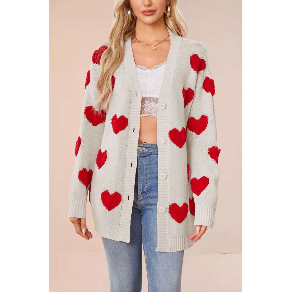 Women's New Fashion Temu Valentine's Day Heart Knitted Cardigan V-Neck Button Mid-Length Outerwear B5