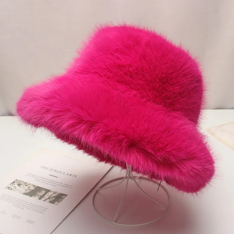 Red plush Bucket hat womens elegant autumn and winter fur bamboo hat Korean version advanced thermal cap large size 250819