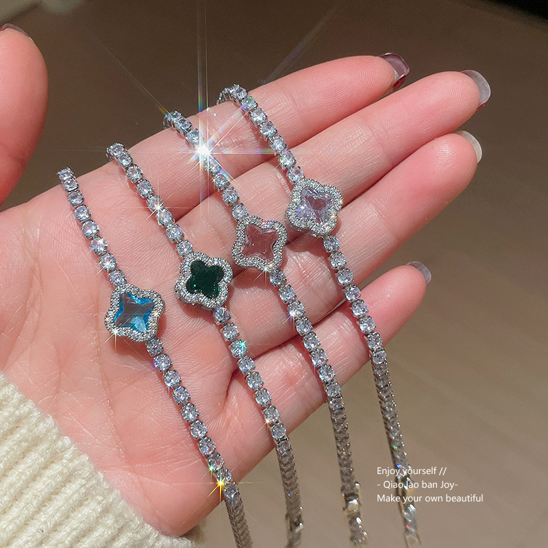 Silver Tone Clover - Shaped Blue Stone Bracelet With Crystal Accents Elegant Daily And Party Wear Gift For Her High Quality And Stylish Jewelry