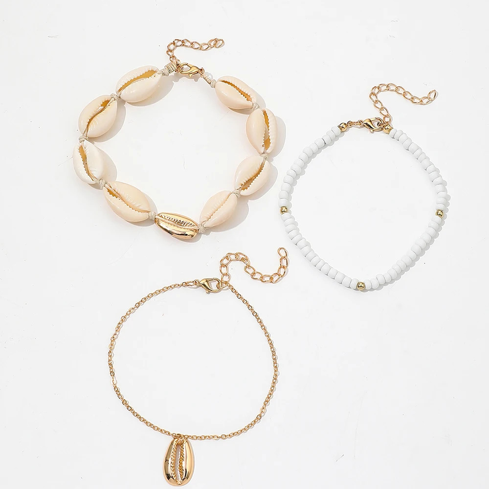 3Pcs/Set Fashion beach wind shell beaded creative personality anklet simple chain stitching small temperament ladies anklet 250815