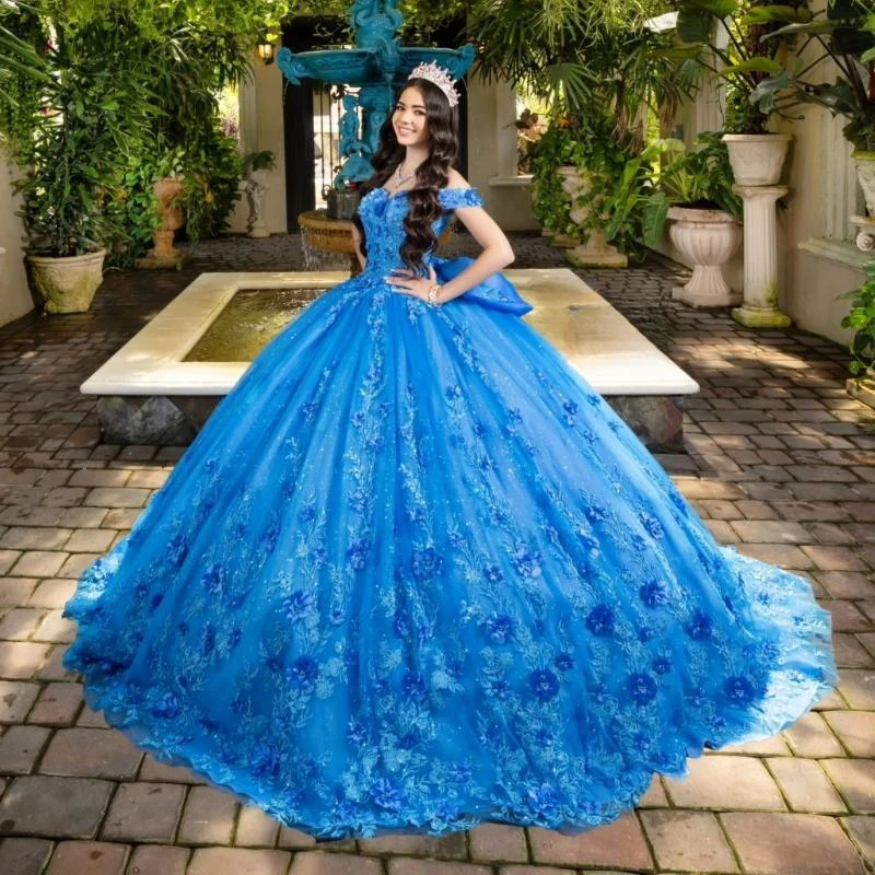 Blue Quinceanera Dress Off The Shoulder Applique Flower Beading Bow Tull Ball Gown Vestidos De 15 Anos Sweet 16 Dress