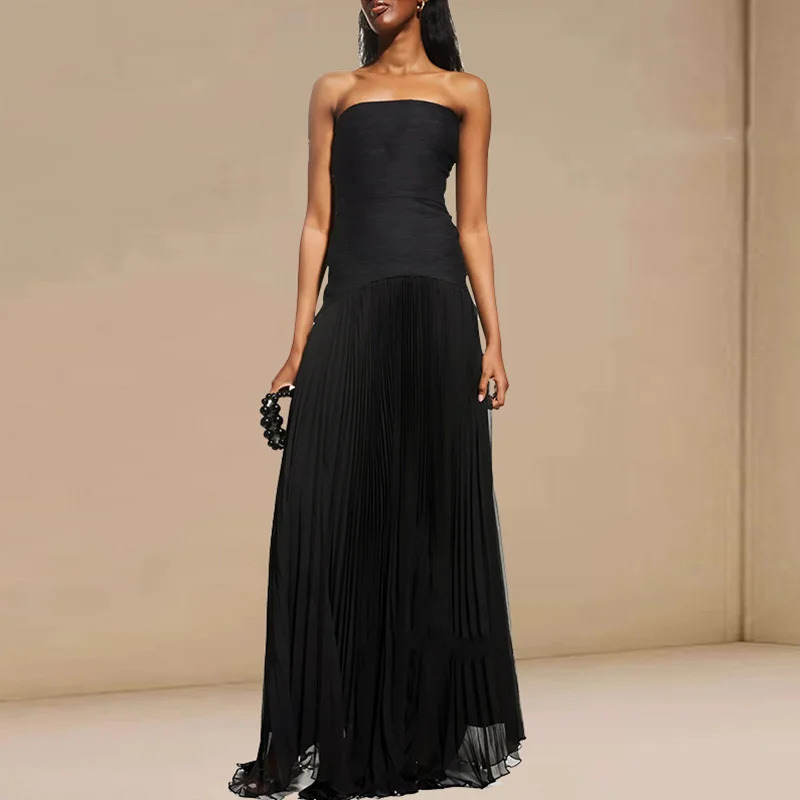 Female Off Shoulder High Waist Solid Color Evening Dress Fashion Summer Backless Dresses Sexy Strapless Slim Pleated Long Dress 250819