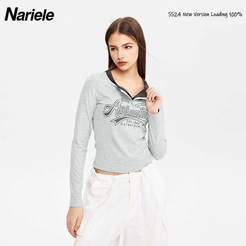 Spring Hot Girl Round Neck Fake Two-Piece Letter Design Short Slim Fit Long Sleeve T-Shirt Top B3