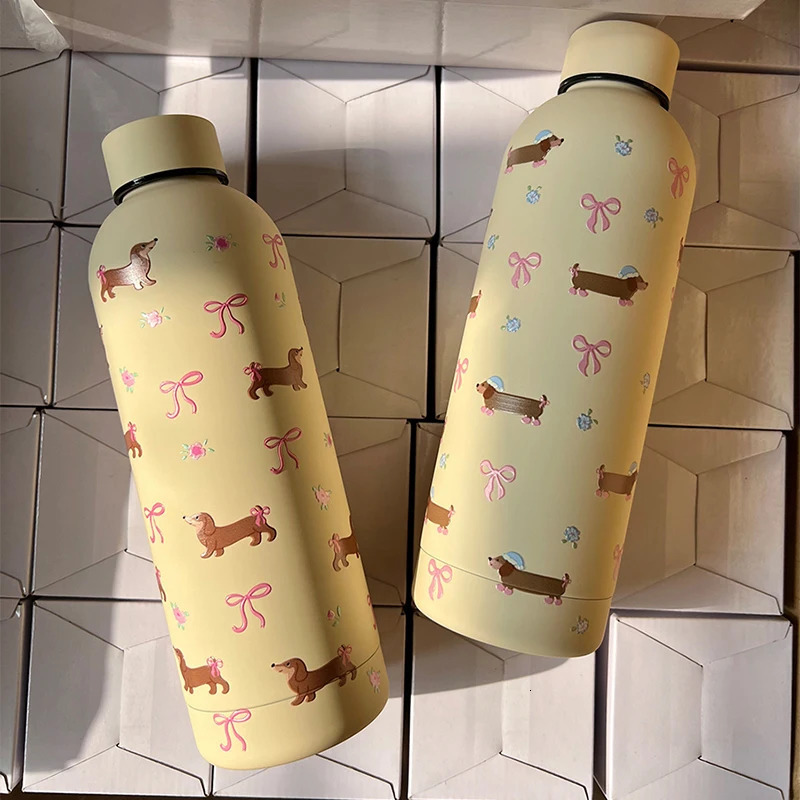 Kawaii Puppy Coffee Tumbler Stainless Steel Thermos Cup Cute Korean Travel Insulated Flask Thermal Water Bottle 500ml 250818 W260226