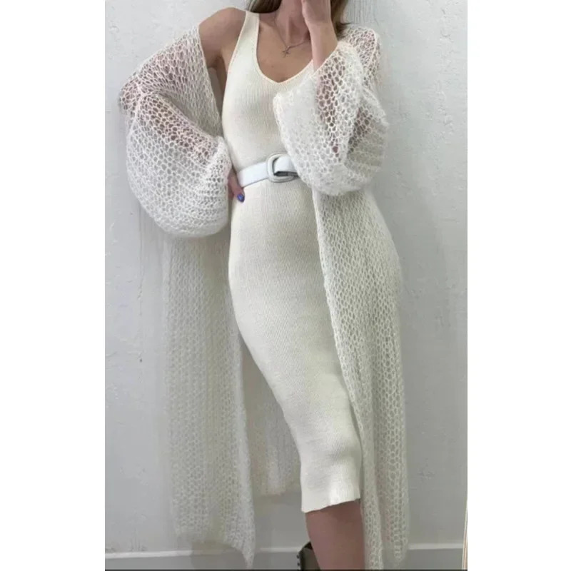 Knitted Open Stitch Cardigan Sweater for Women Autumn Winter Solid Fashion Front Pocket Long Coat Loose 250819